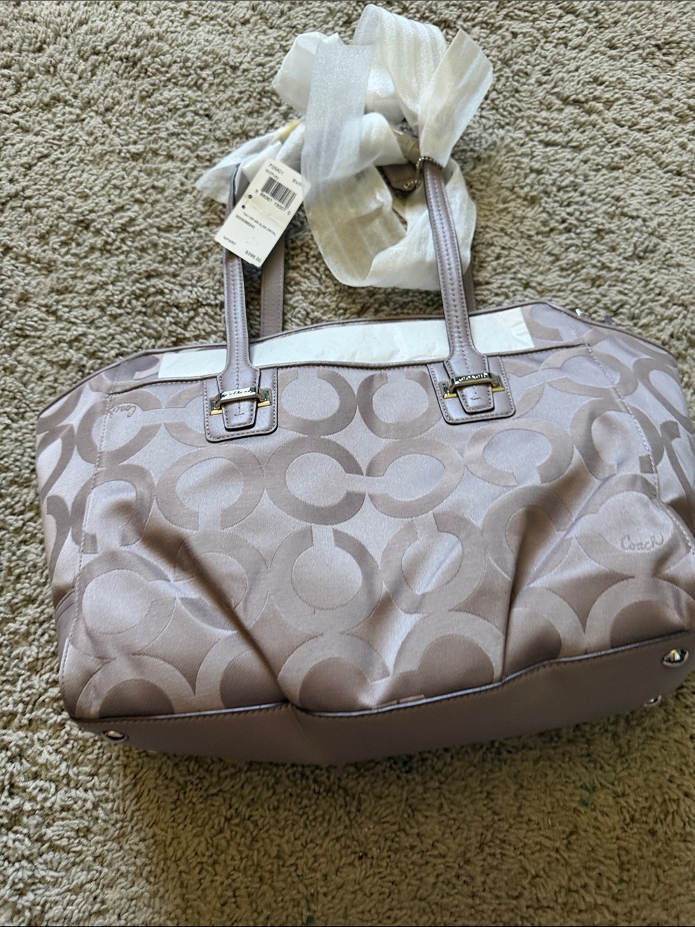Coach Signature Tote in Light Taupe Satin Jacquard